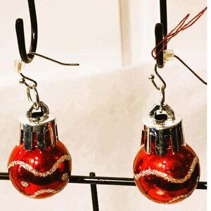 CHERRY RED & SILVER CHRISTMAS ORNAMENT DANGLE EARRINGS